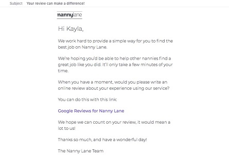 Image of an email asking eligible customers to review the service