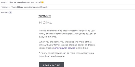 Image of an email introducing the Nanny Lane Payroll service